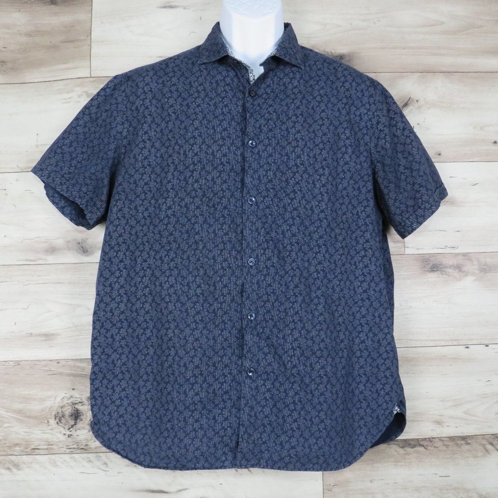 Denim & Flower* Men's Short Sleeve Slim Fit Curved Hem Button Down Shirt~Size XL
